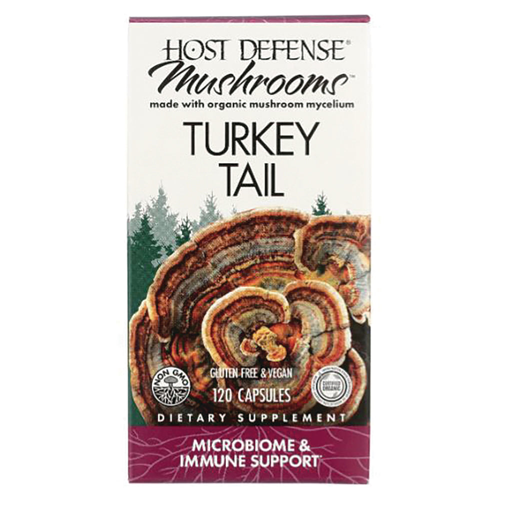 FUN013 | Host Defense Mushrooms Turkey Tail supplement box front showing mushroom illustration and text 120 capsules microbiome & immune support - Thumbnail
