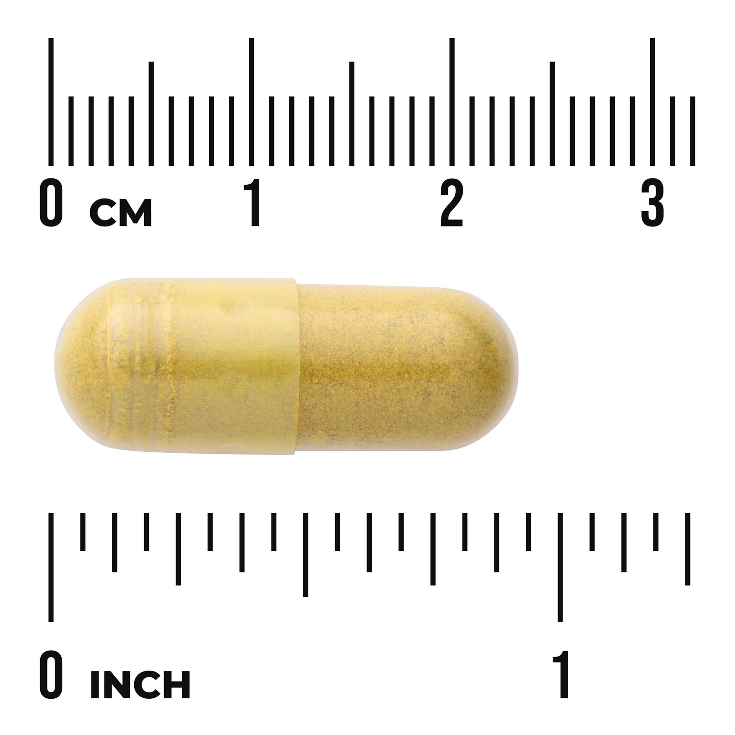 SWU1064 | Yellow capsule shown to scale with inch and centimeter rulers