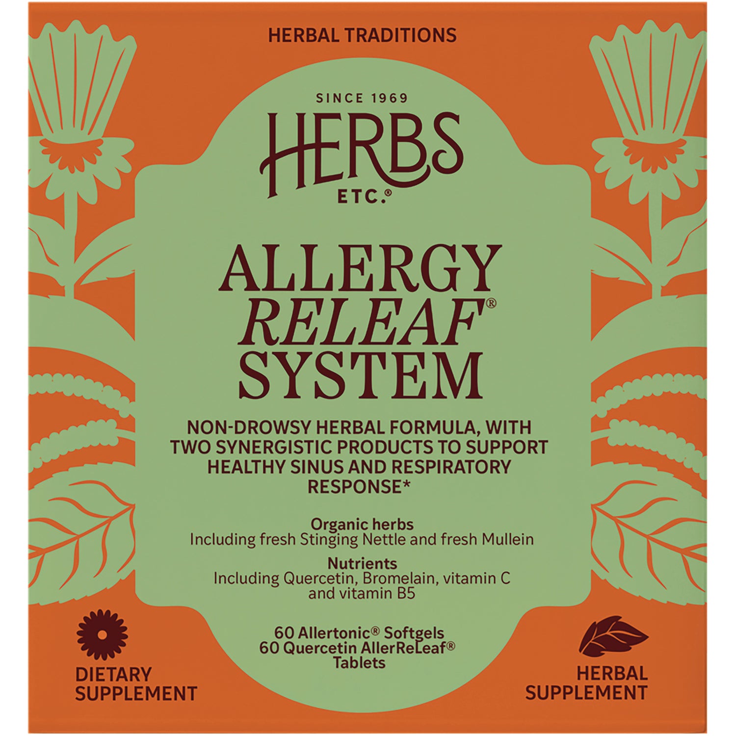 HE099 | Herbs Etc Allergy Releaf System front packaging, green label with orange border stating non-drowsy herbal formula and 60 Allertonic softgels