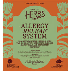HE099 | Herbs Etc Allergy Releaf System front packaging, green label with orange border stating non-drowsy herbal formula and 60 Allertonic softgels