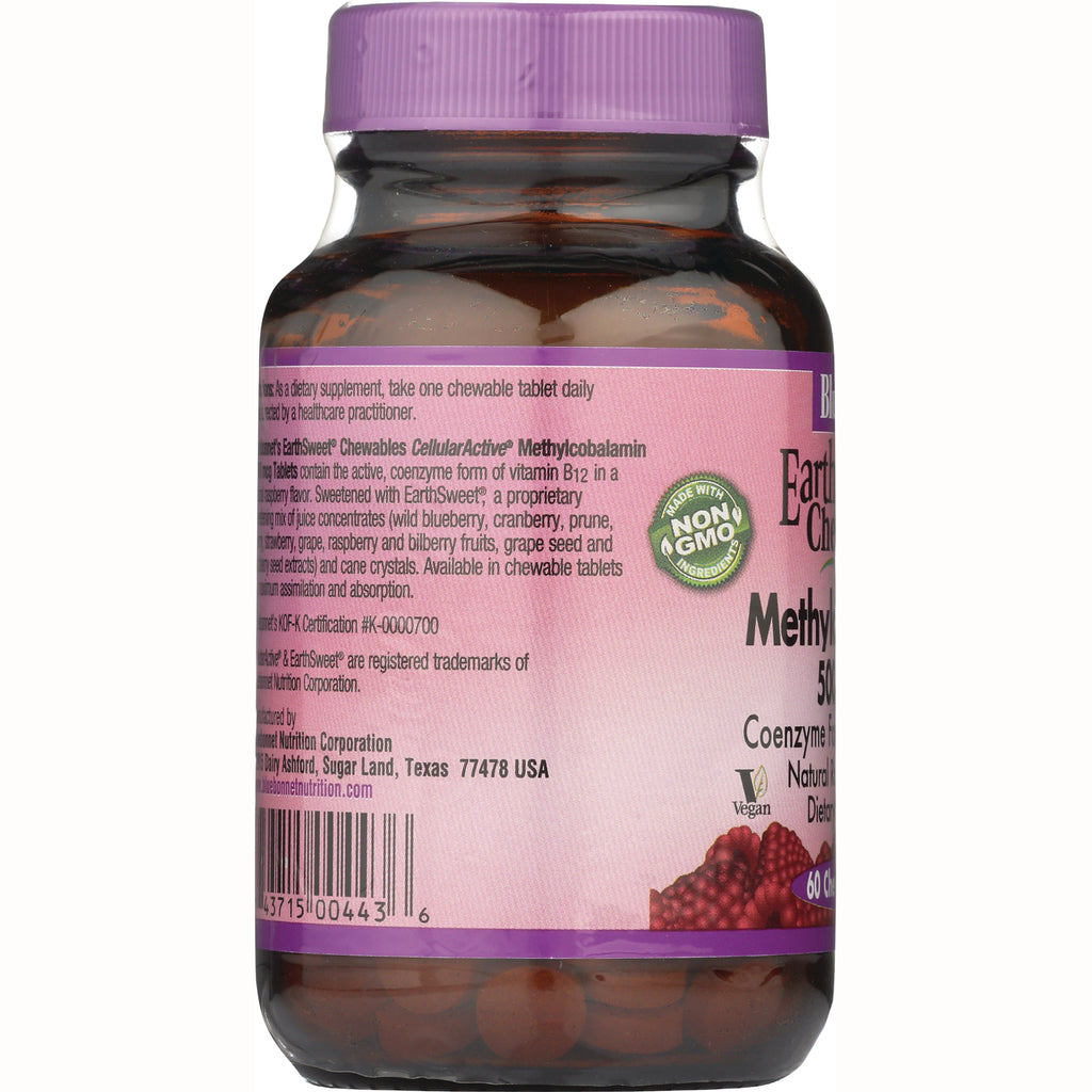 BLU078 | back label of pink supplement bottle showing ingredients text, barcode, Non GMO badge and vegan icon - Thumbnail