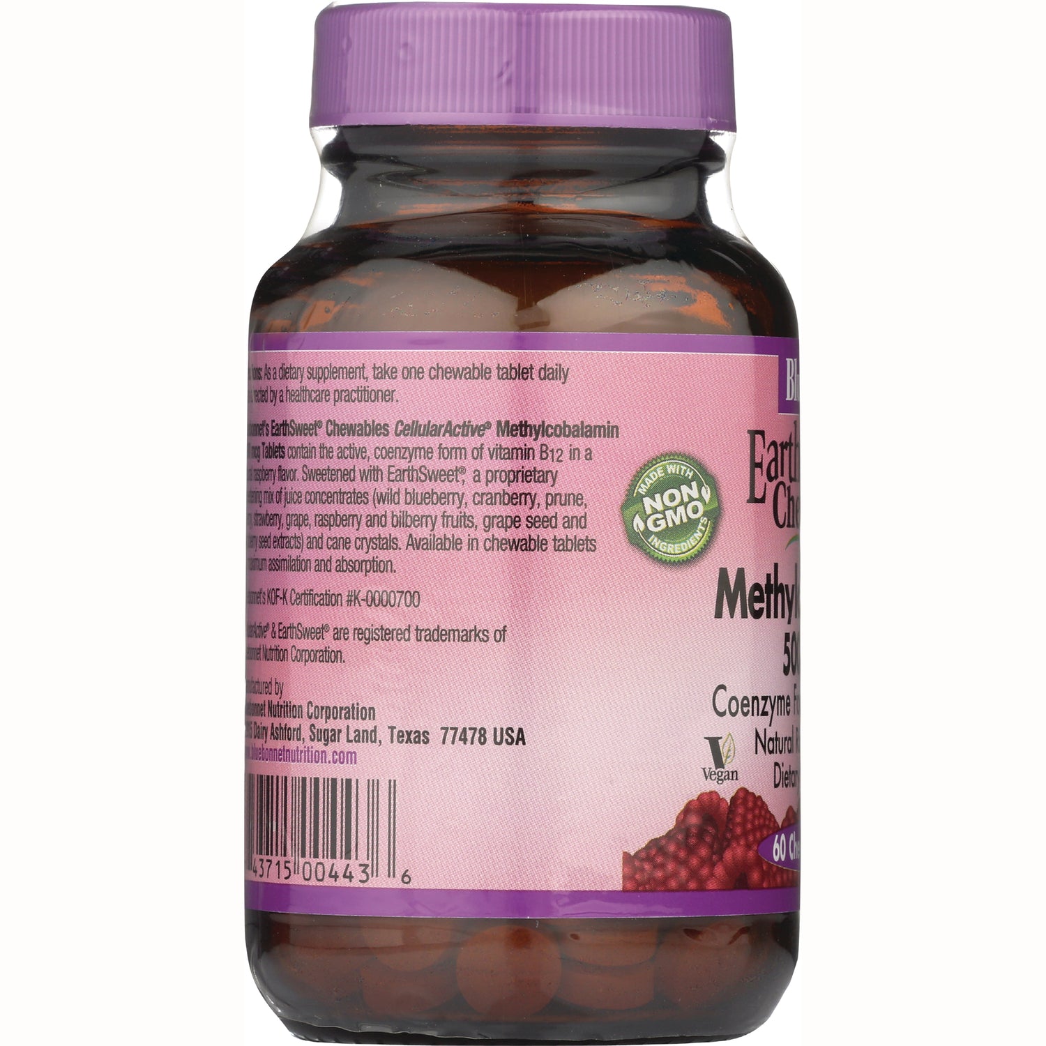 BLU078 | back label of pink supplement bottle showing ingredients text, barcode, Non GMO badge and vegan icon