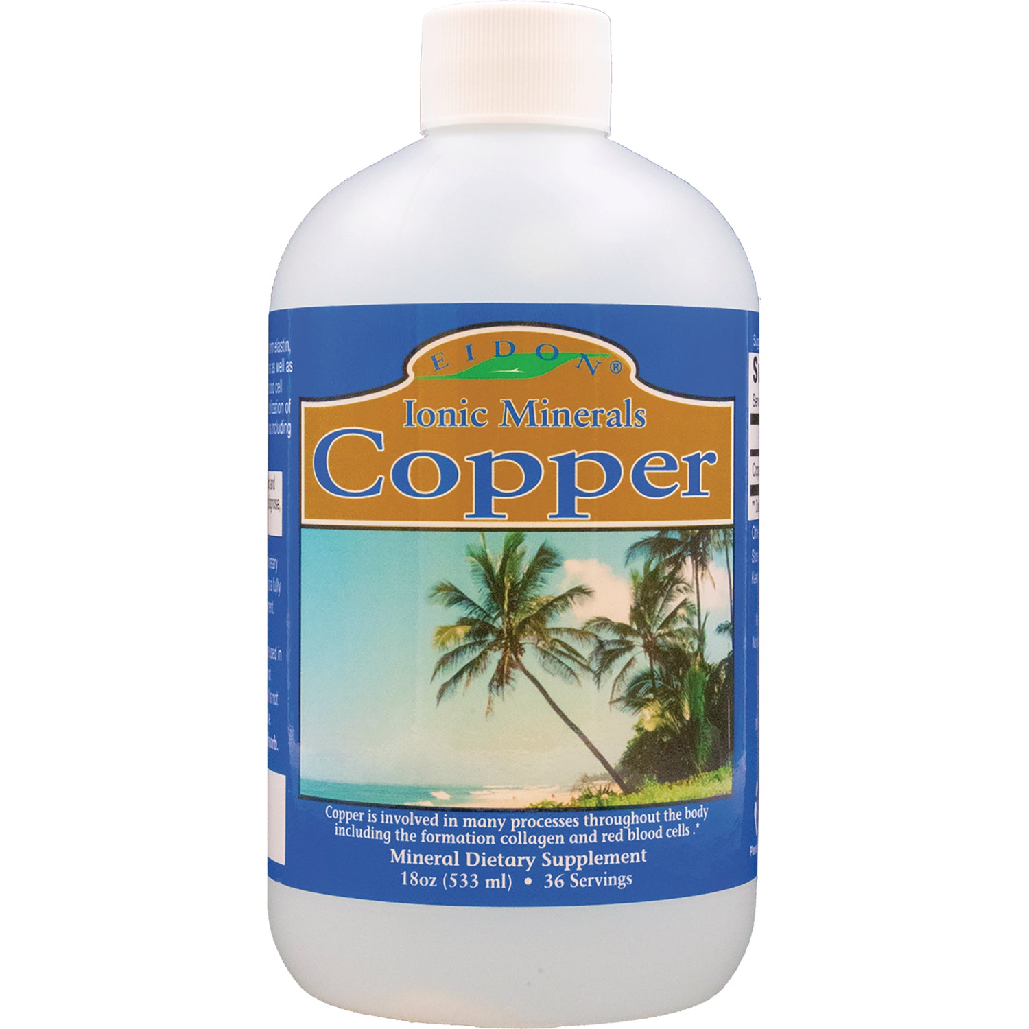 EIM001 | Ionic Minerals Copper liquid supplement bottle with palm tree label, 18 oz