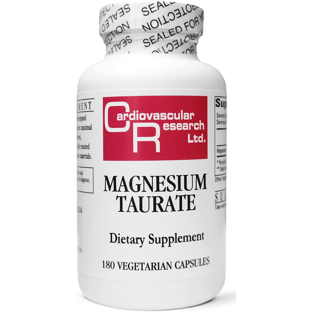 CRR016 | White supplement bottle labeled Cardiovascular Research Ltd. Magnesium Taurate, 180 vegetarian capsules