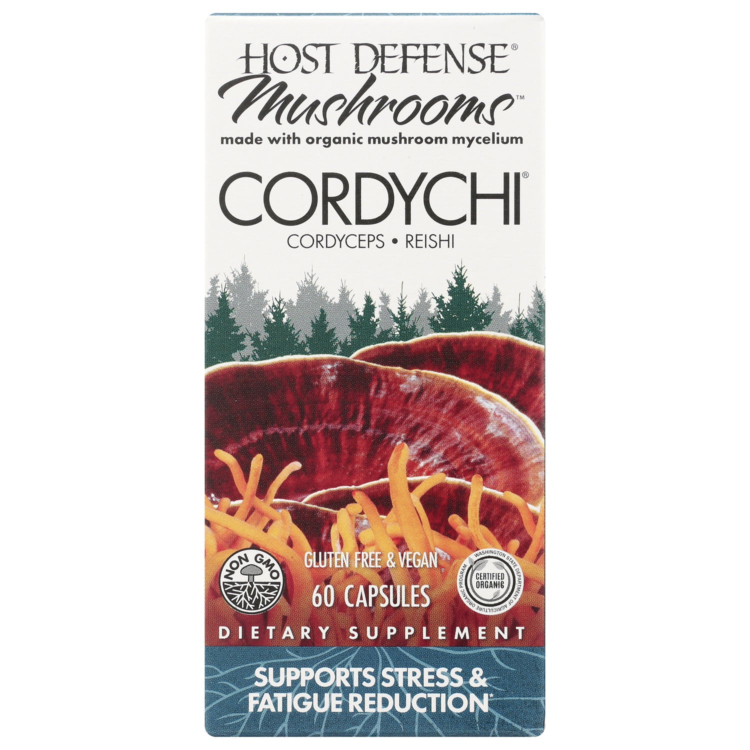 Host Defense Mushrooms Cordychi cordyceps reishi 60 capsules dietary supplement front packaging supports stress & fatigue reduction