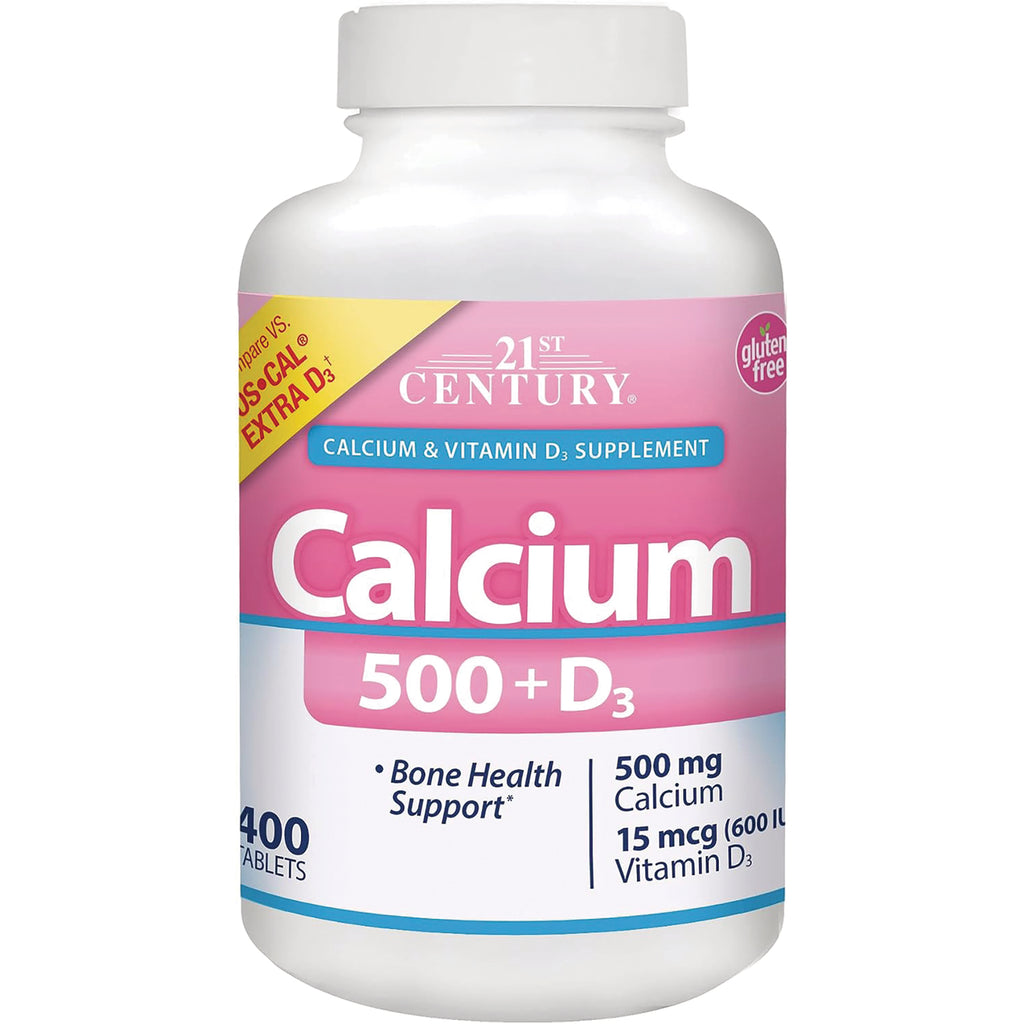 CNT262 | 21st Century Calcium 500 + D3 supplement bottle, front label showing 500 mg calcium and 15 mcg vitamin D3, 400 tablets - Thumbnail