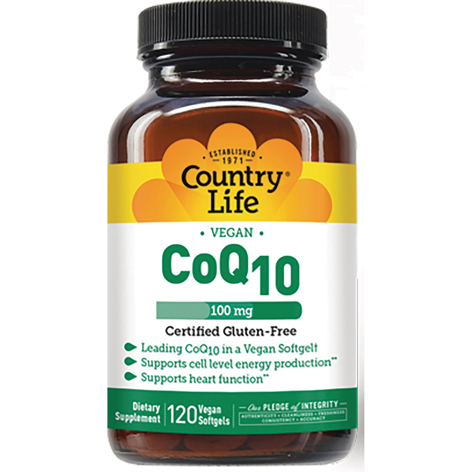 CRL363 | Brown bottle labeled Country Life CoQ10 100 mg vegan softgels, certified gluten-free, 120 count