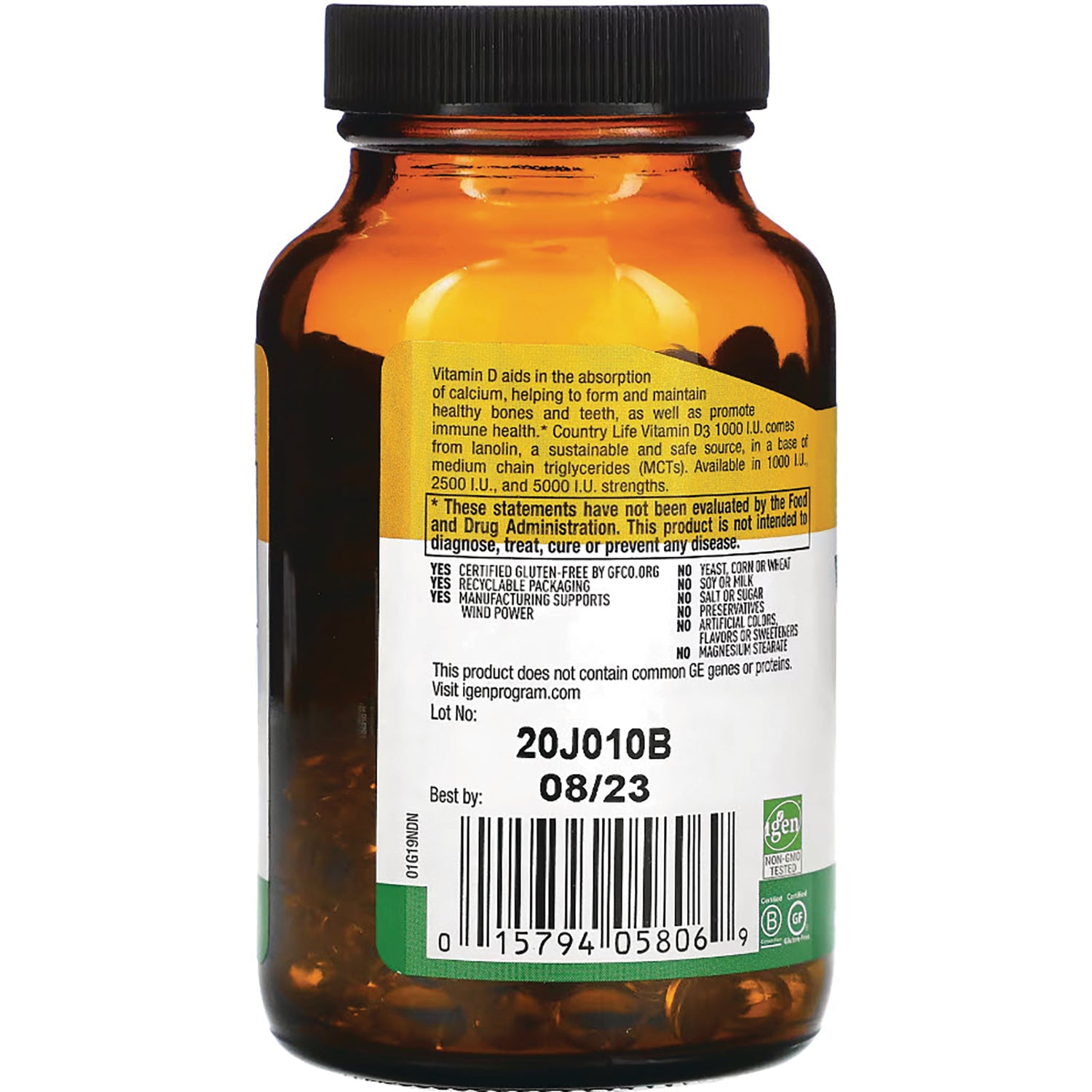 CRL400 | Back label of amber supplement bottle showing lot 20J010B, best by 08/23 and barcode