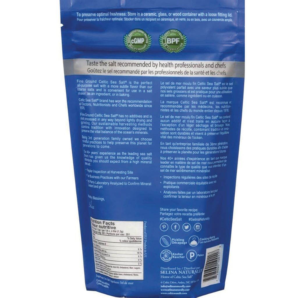 Blue pouch back showing nutrition facts, bilingual product information, certification icons and barcode - Thumbnail