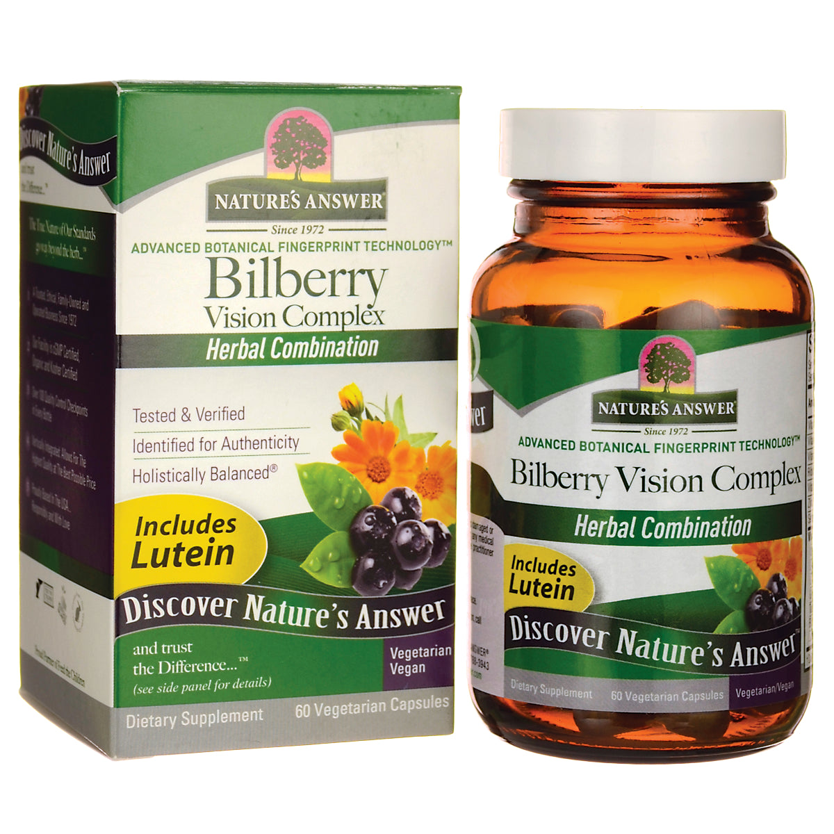 NAT144 | Nature's Answer Bilberry Vision Complex box and amber bottle labeled Includes Lutein dietary supplement