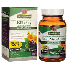 NAT144 | Nature's Answer Bilberry Vision Complex box and amber bottle labeled Includes Lutein dietary supplement