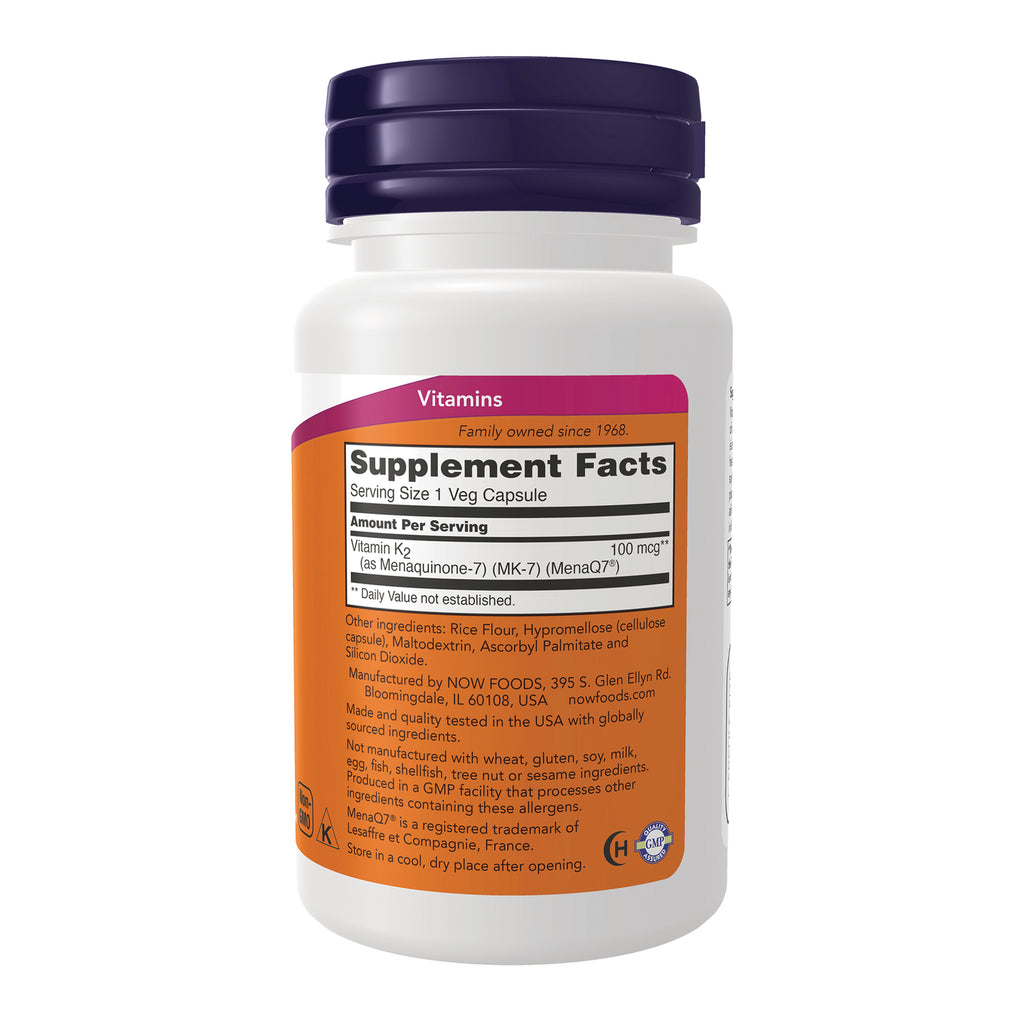 NWF989 | back label showing Supplement Facts for Vitamin K2, serving size 1 veg capsule and ingredient list - Thumbnail