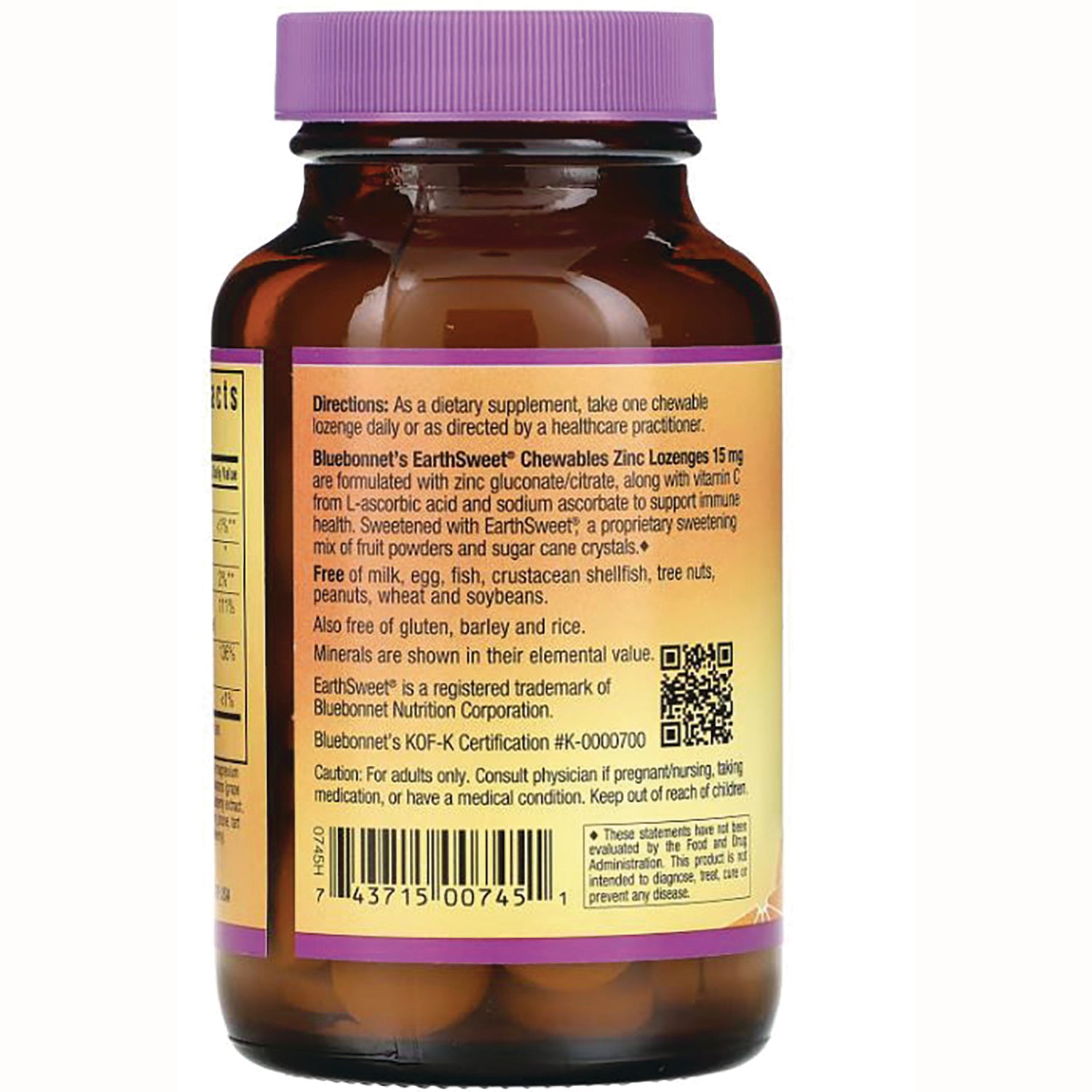BLU077 | Back label of amber supplement bottle with directions, ingredients, barcode and QR code