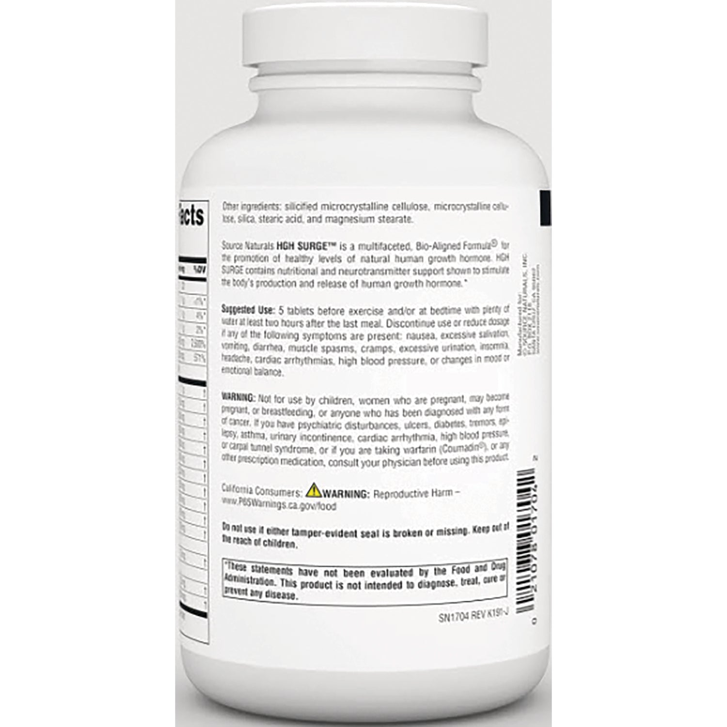 SN836 | Back label with ingredients, suggested use, warnings, and barcode