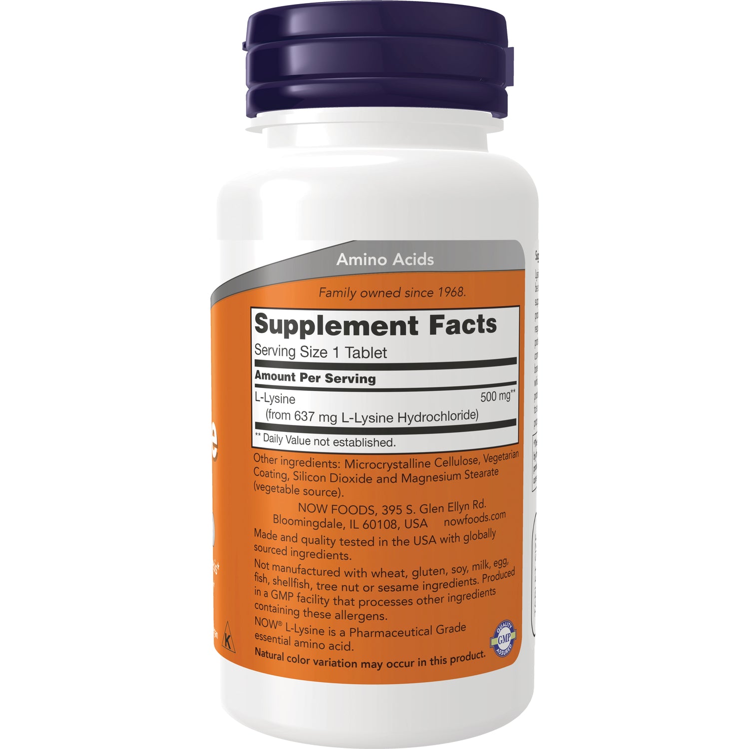 NWF832 | Back of white supplement bottle showing Supplement Facts label for L-Lysine, serving size 1 tablet and ingredients