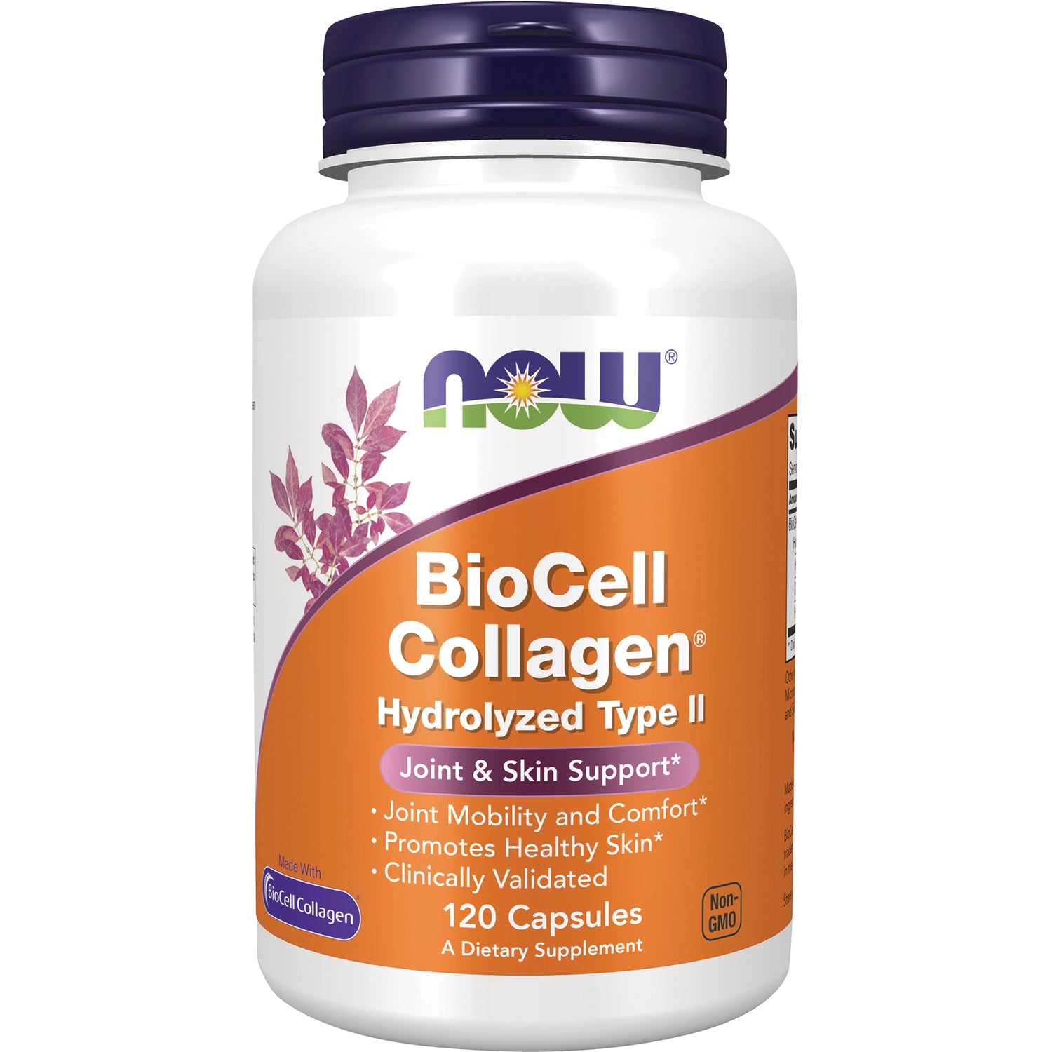 NWF1442 | NOW BioCell Collagen hydrolyzed Type II supplement bottle with orange label, 120 capsules, Non-GMO