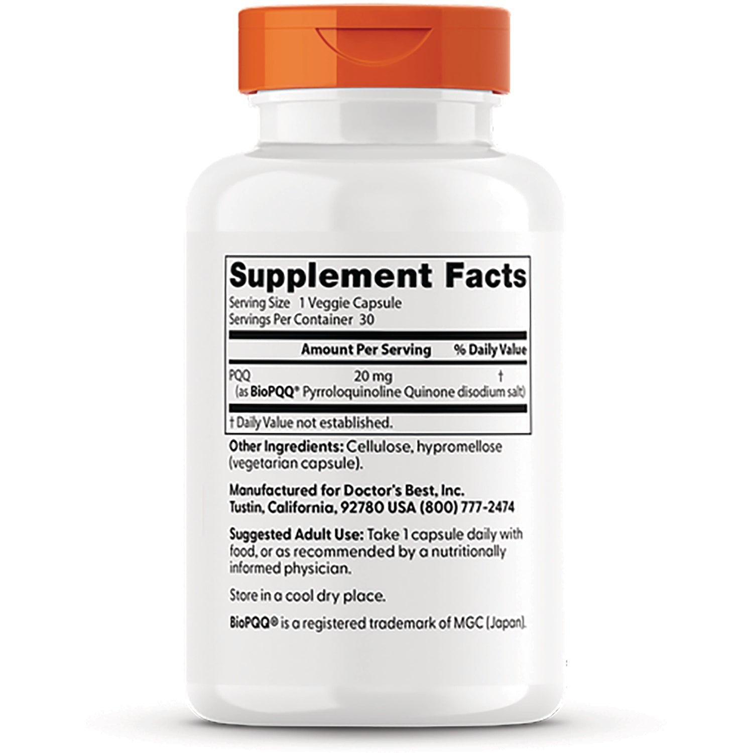 DB208 | back label showing Supplement Facts panel, ingredients, suggested use, and manufacturer info on white bottle
