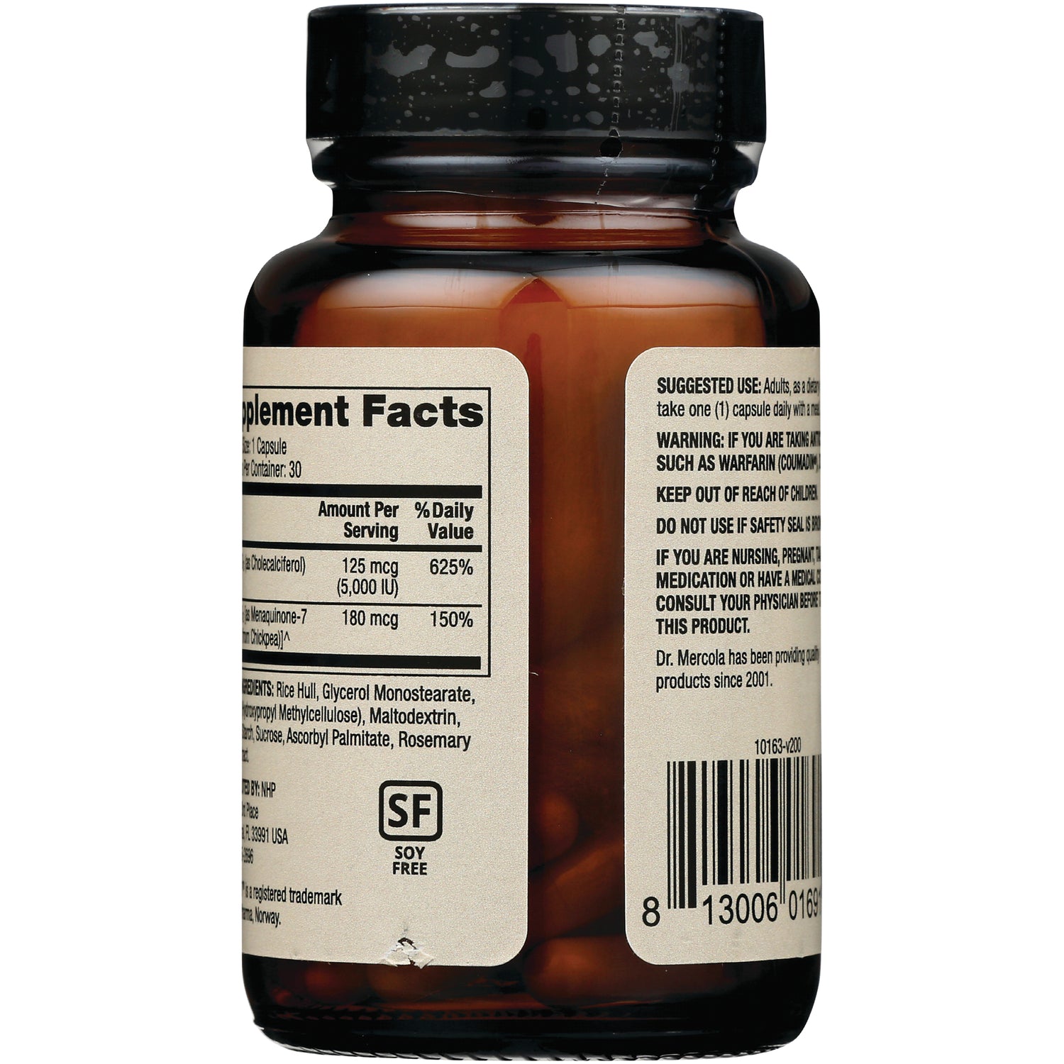 MRC085 | Back of amber supplement bottle showing supplement facts panel, warning text and barcode