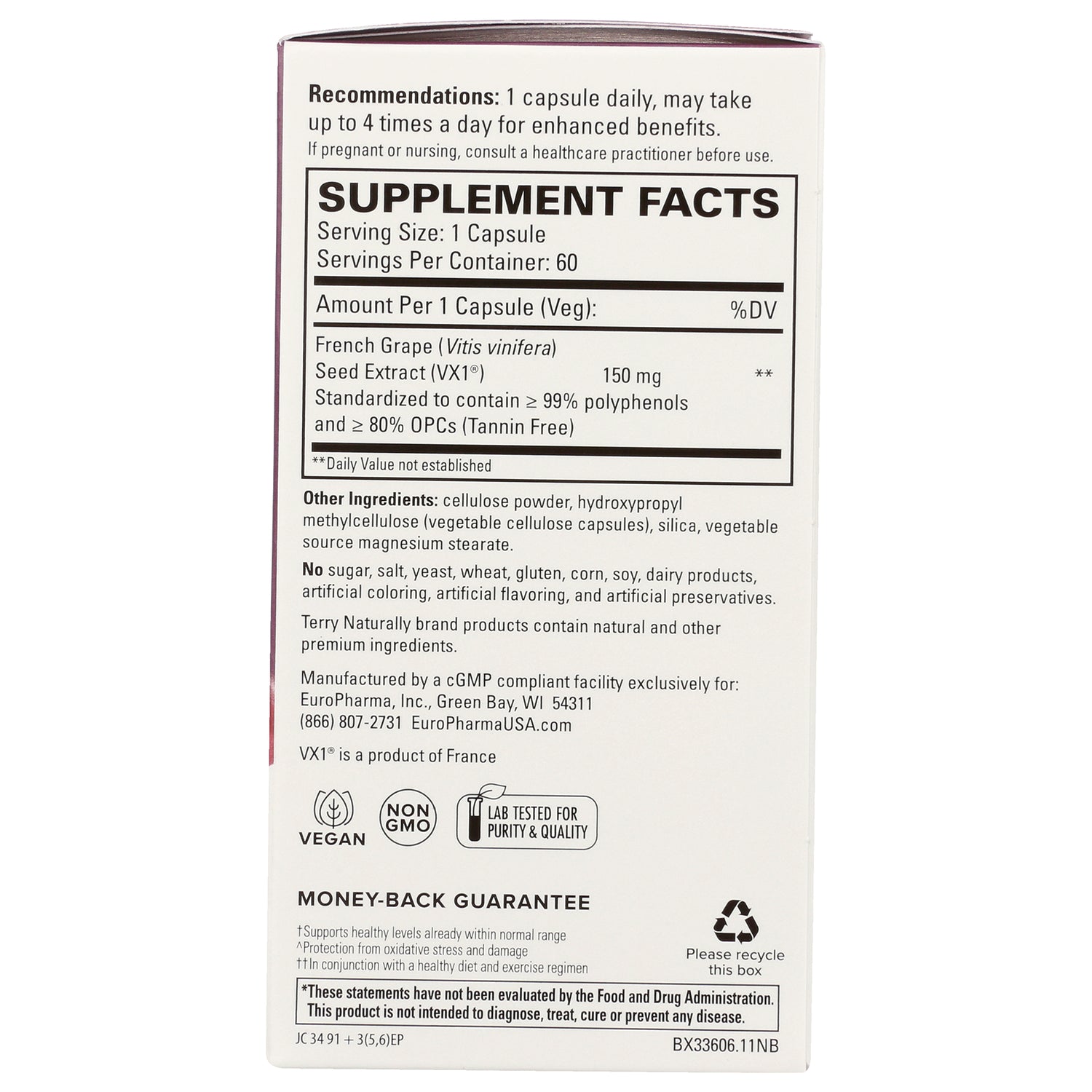 EUR056 | back of supplement box showing Supplement Facts panel, ingredients list, vegan and non-GMO icons