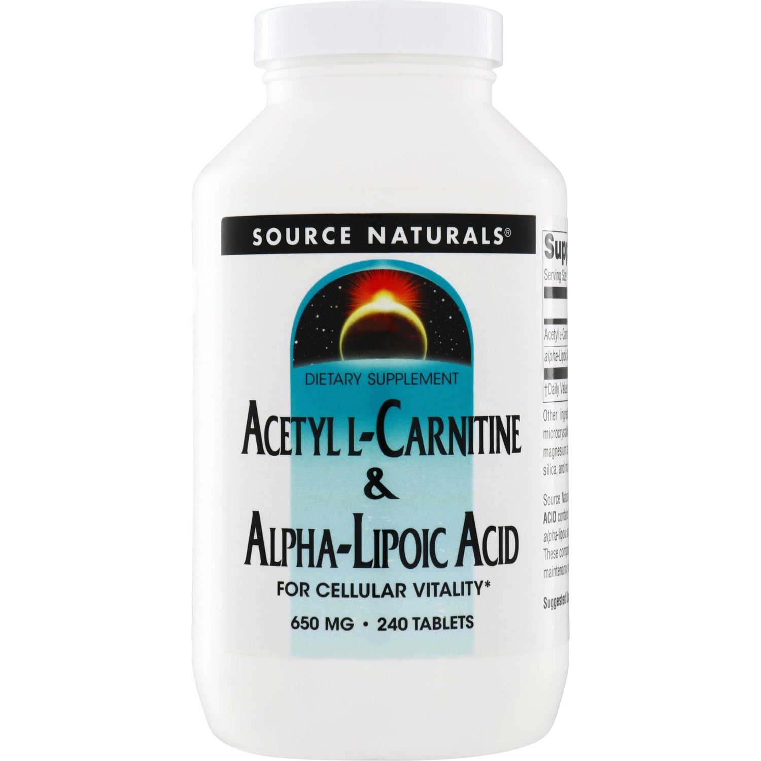 SN183 | Source Naturals Acetyl L-Carnitine & Alpha-Lipoic Acid 650 mg, 240 tablets dietary supplement bottle