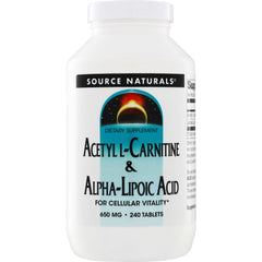 SN183 | Source Naturals Acetyl L-Carnitine & Alpha-Lipoic Acid 650 mg, 240 tablets dietary supplement bottle