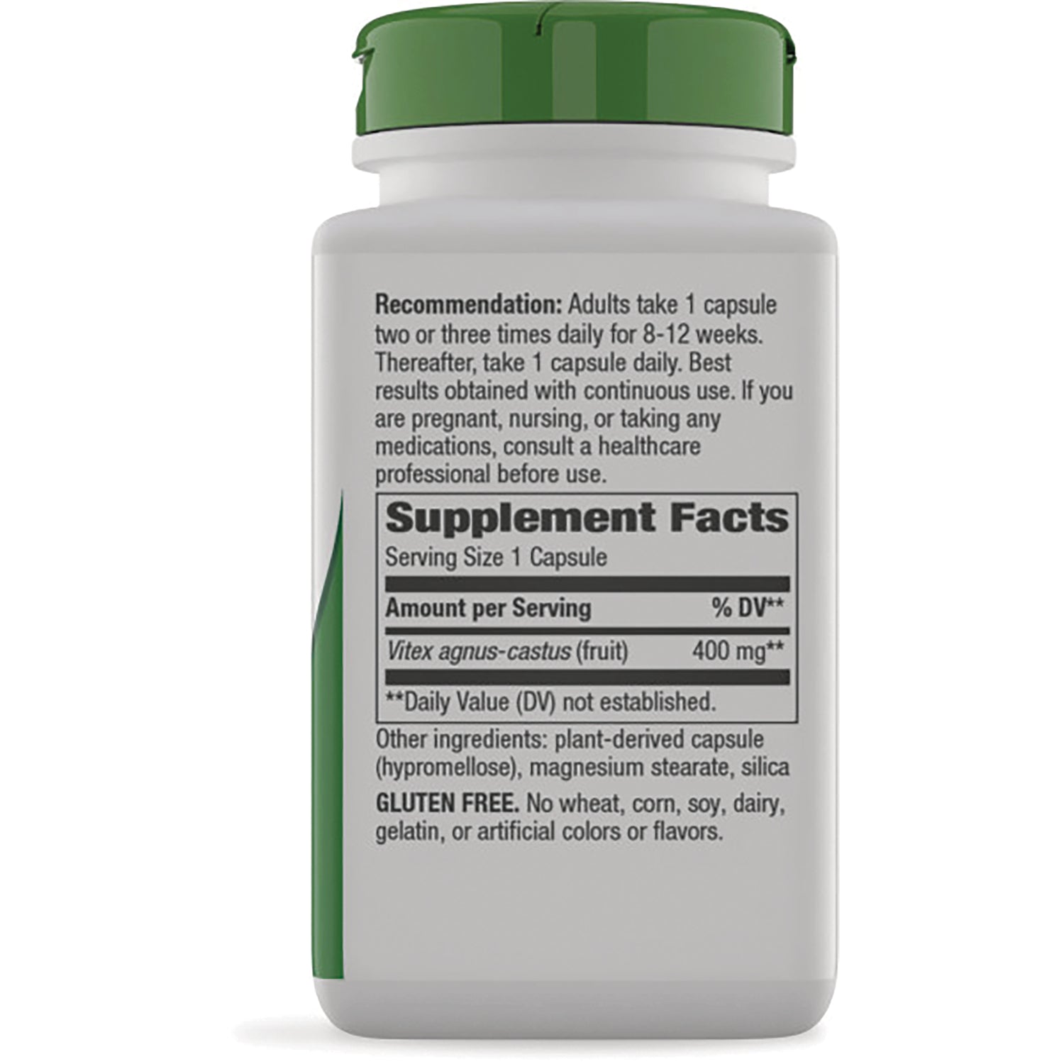 NW173 | back label showing Supplement Facts with Vitex agnus-castus 400 mg, serving size 1 capsule and gluten free statement