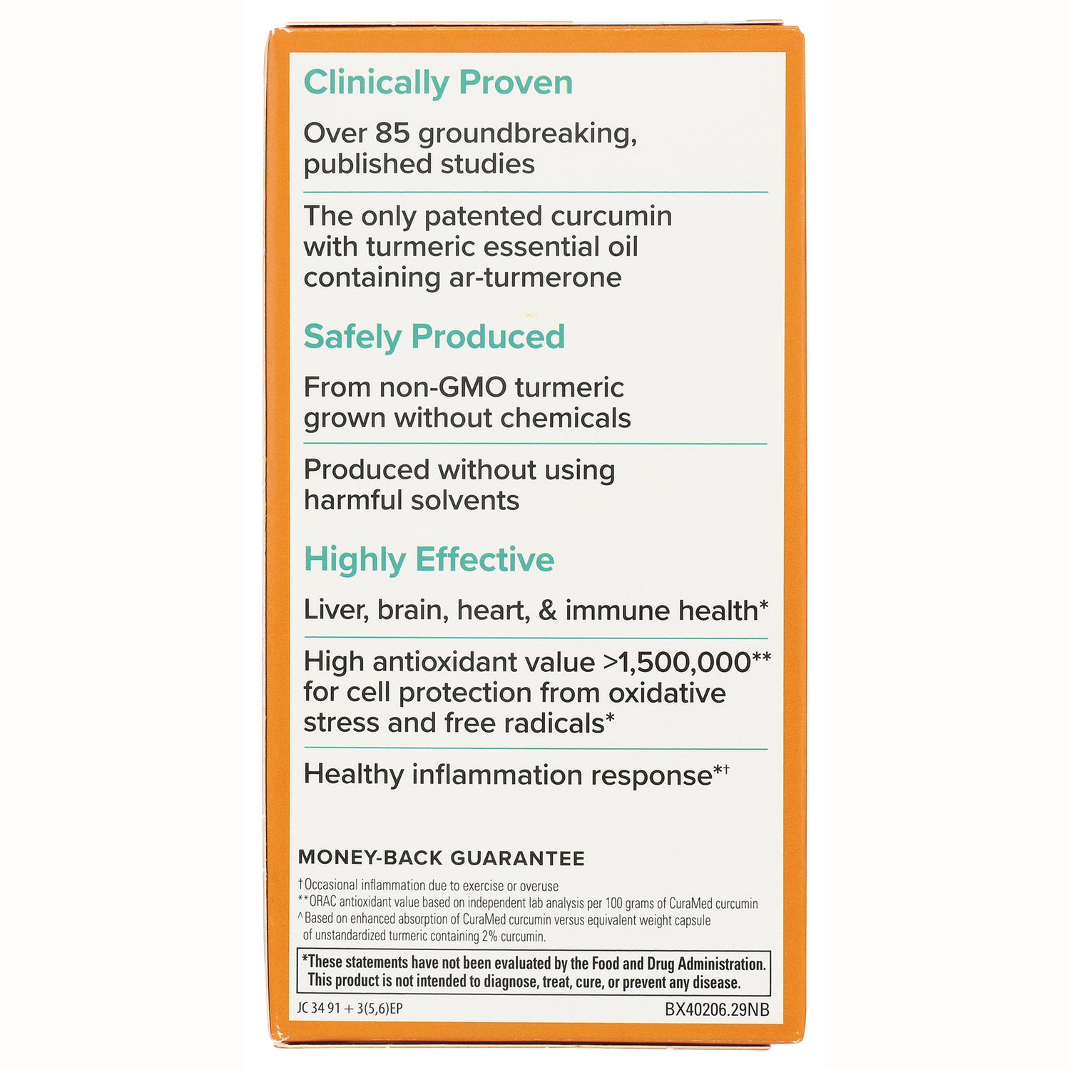 EUR051 | back of orange-edged supplement box listing Clinically Proven, Safely Produced, Highly Effective and money-back guarantee