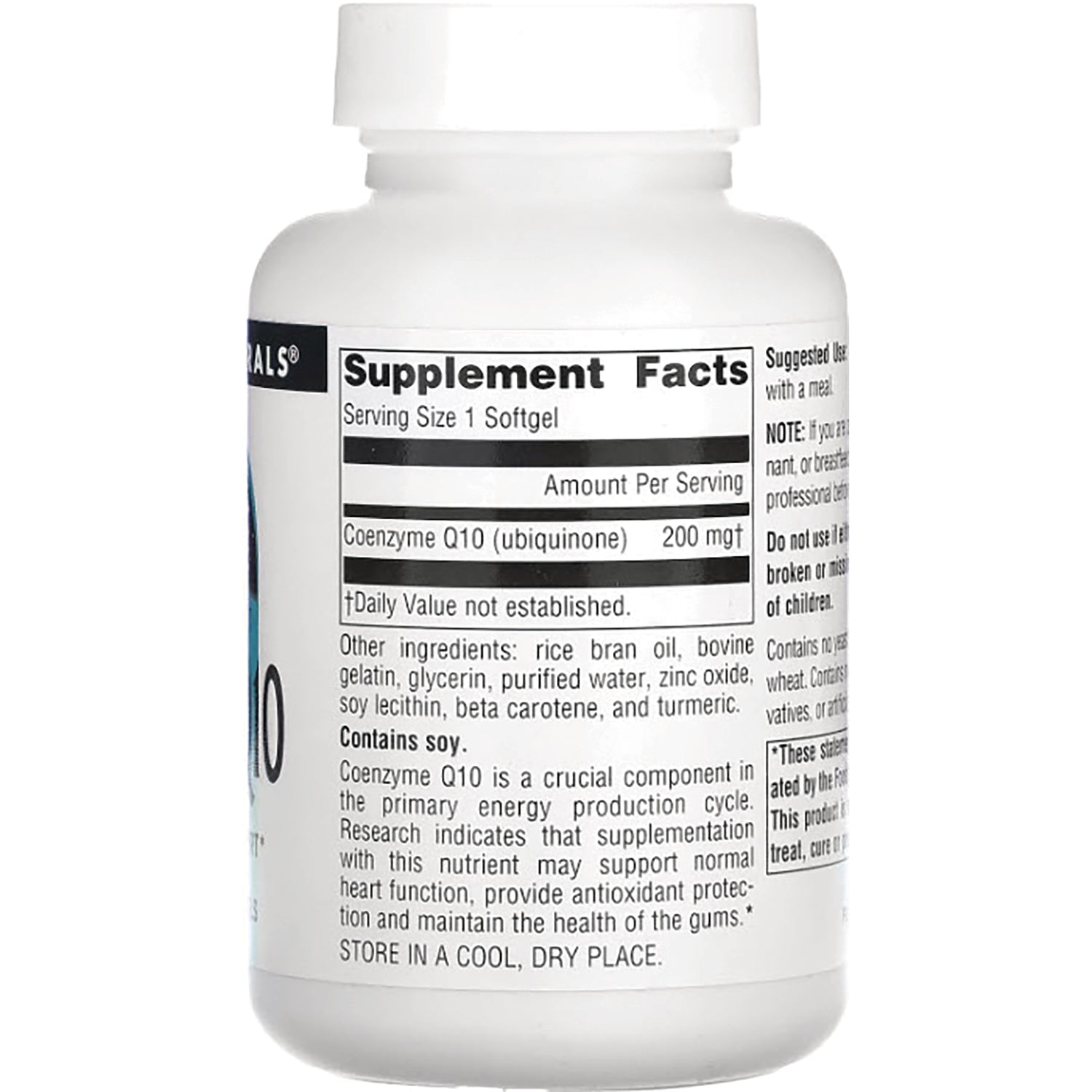 SN641 | Back label with Supplement Facts for Coenzyme Q10 (ubiquinone) 200 mg per softgel and other ingredients