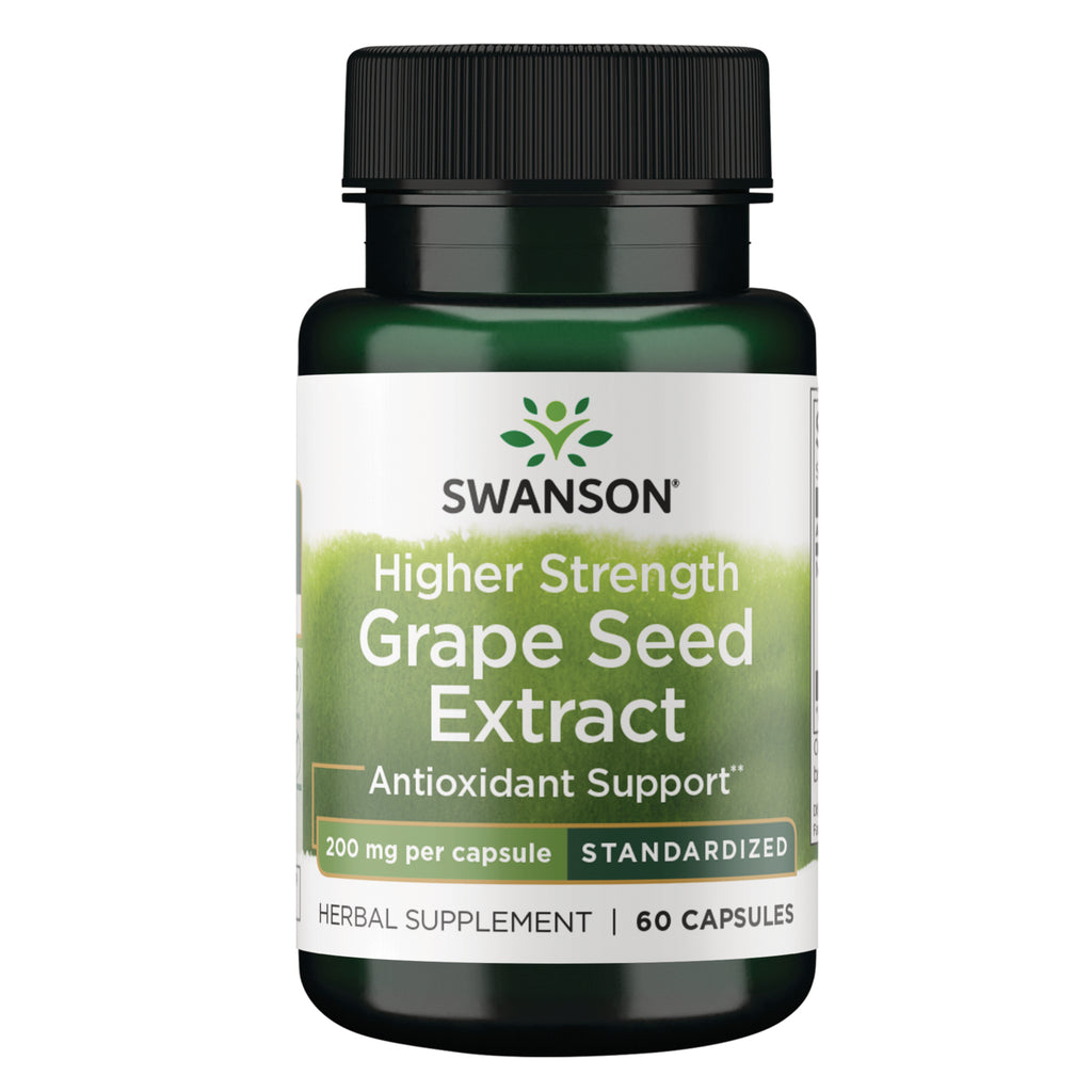 SWH081 | Four front-facing Swanson Higher Strength Grape Seed Extract supplement bottles, 200 mg, 60 capsules each - Thumbnail