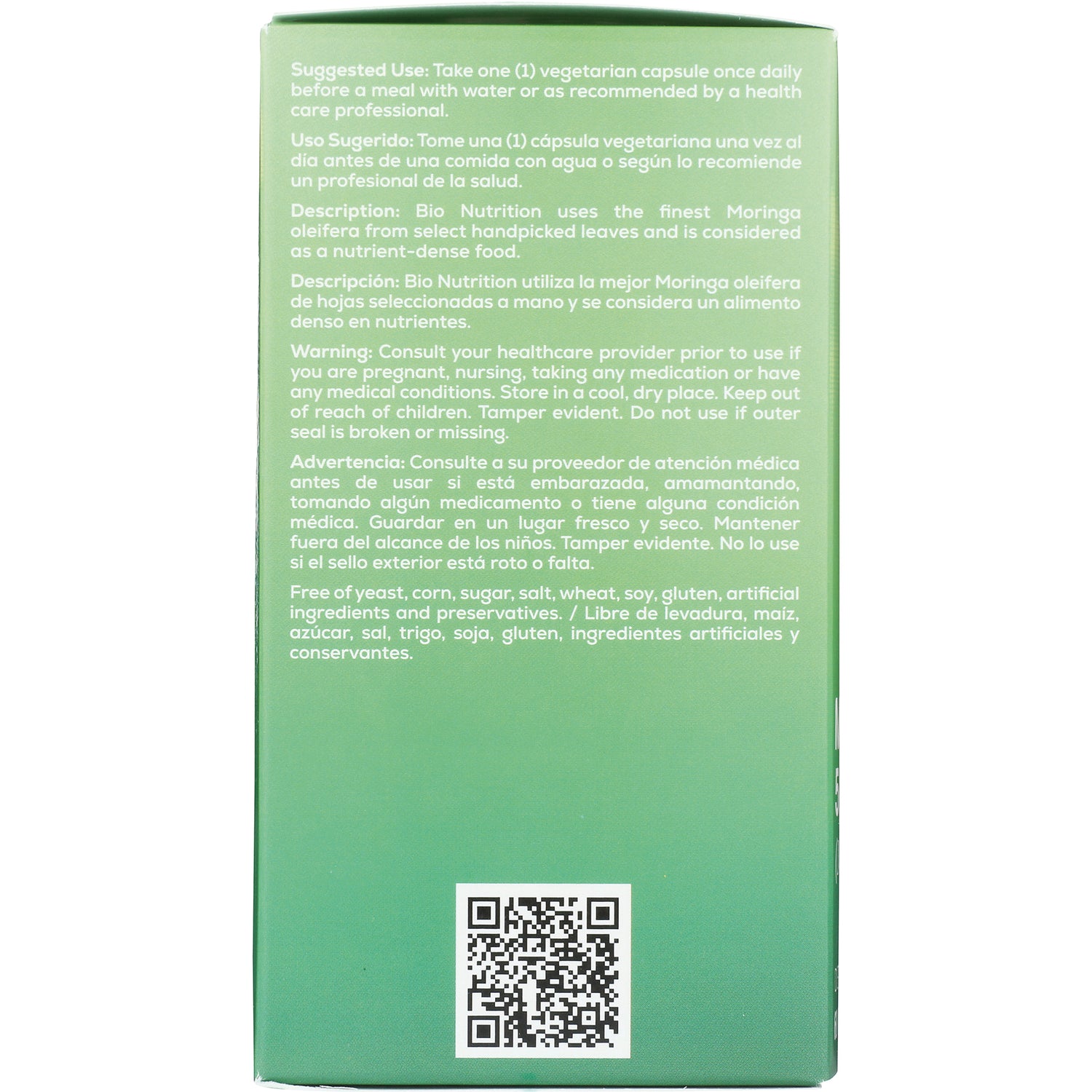 BNN011 | Back of green supplement box showing suggested use, warnings, bilingual description and QR code