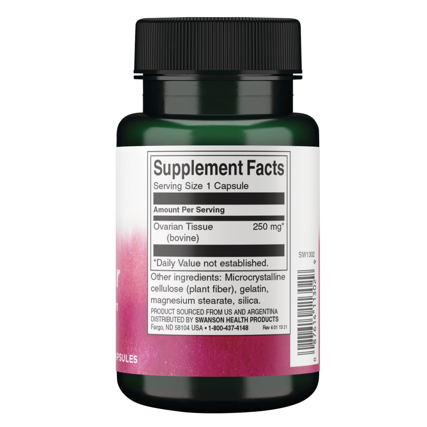 SW1302 | Back label with Supplement Facts: Serving Size 1 Capsule, Ovarian Tissue (bovine) 250 mg