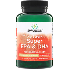 SWE077 | Swanson Triple Strength Super EPA & DHA bottle, front label reads "Heart and Brain Health", 60 enteric-coated softgI