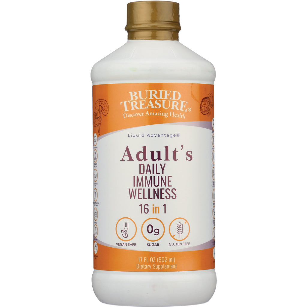 BTR028 | Buried Treasure Adult's Daily Immune Wellness 16 in 1 liquid supplement bottle 17 fl oz, vegan safe, 0g sugar, gluten free - Thumbnail