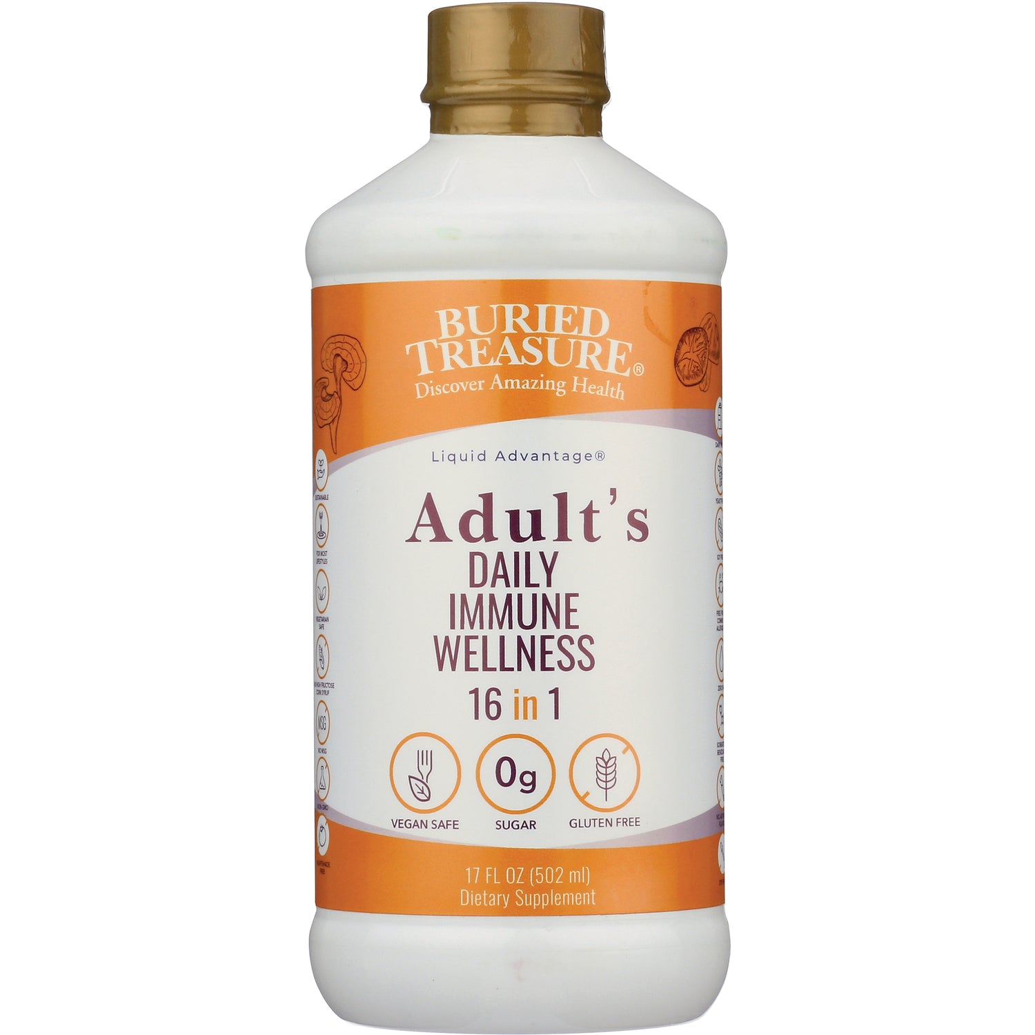 BTR028 | Buried Treasure Adult's Daily Immune Wellness 16 in 1 liquid supplement bottle 17 fl oz, vegan safe, 0g sugar, gluten free