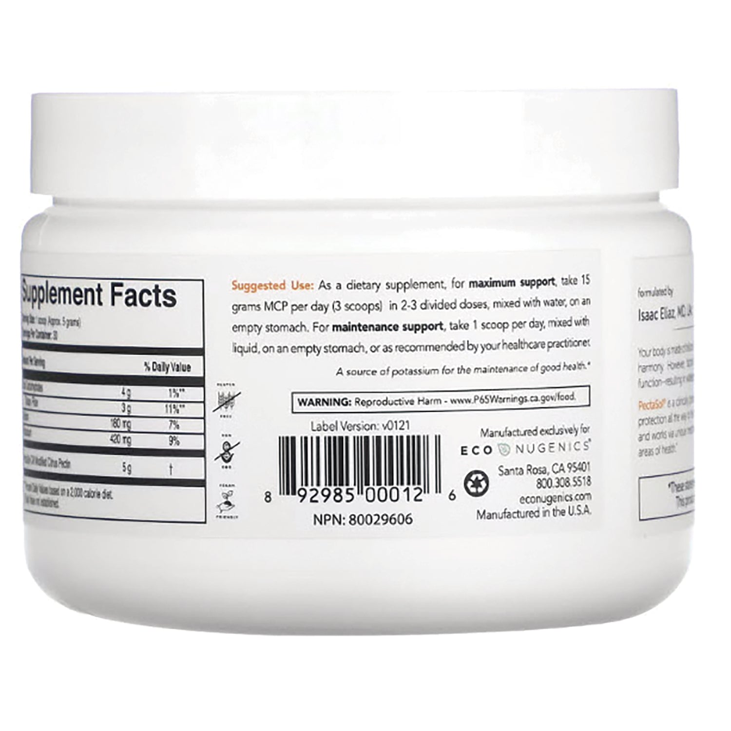 ECN006 | Back of white supplement jar showing supplement facts panel, usage directions, barcode and warning