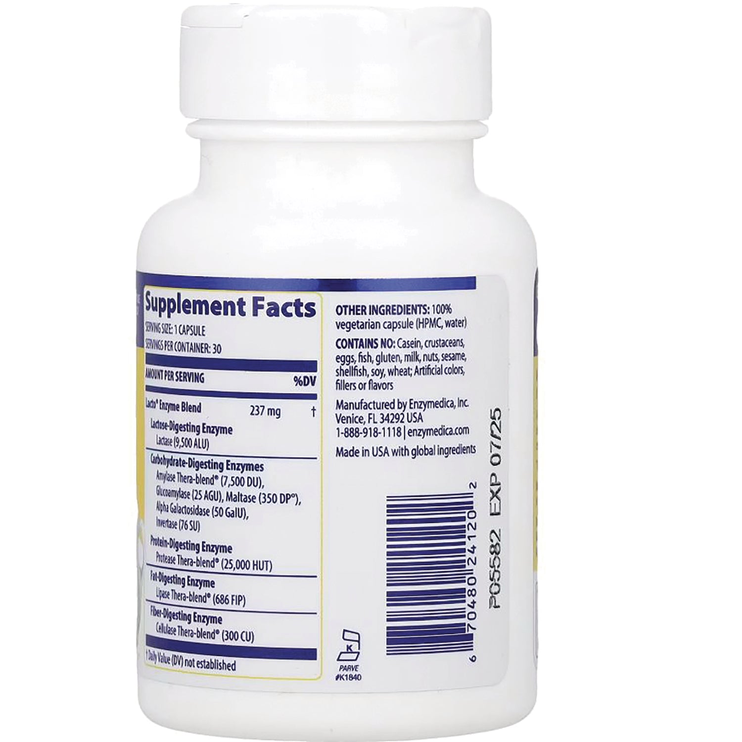 EMD014 | Back label of white supplement bottle showing Supplement Facts, ingredient list, and barcode