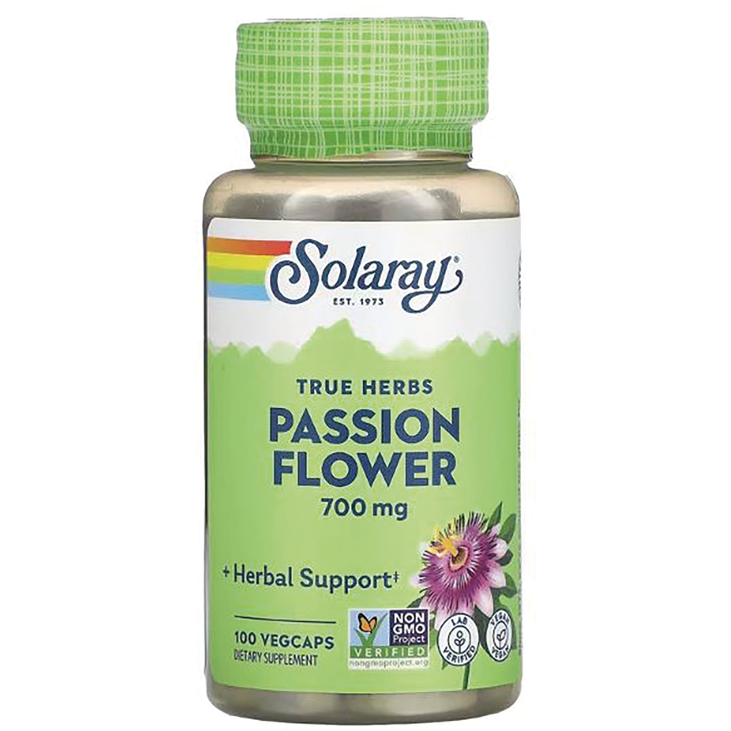 SLR218 | Solaray PASSION FLOWER 700 mg supplement bottle with green label, 100 vegcaps and passionflower illustration