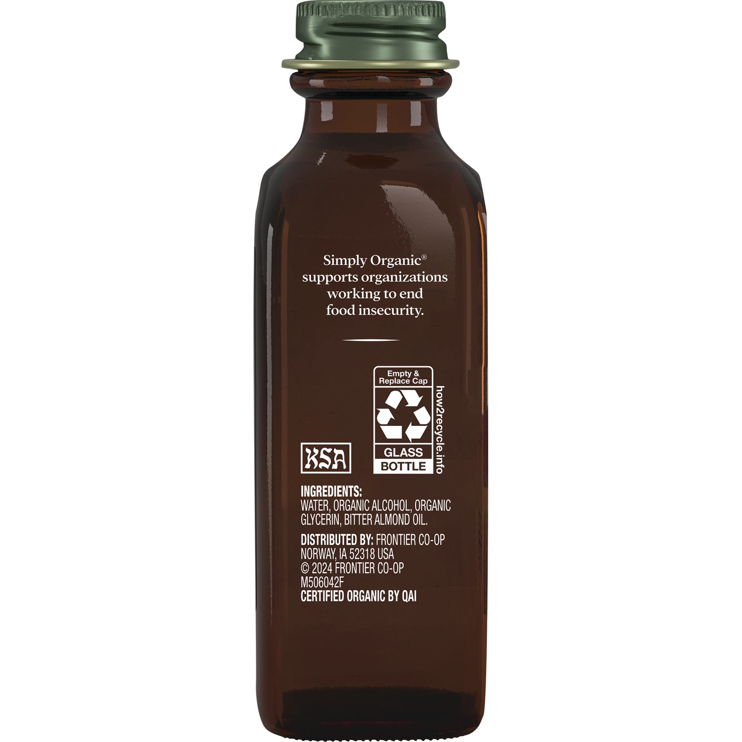 SMP027 | Back of brown glass bottle label showing recycling symbol, ingredients list, and Simply Organic support message
