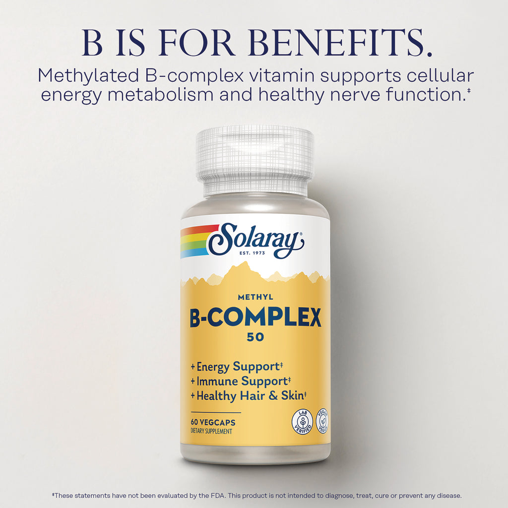 SLR548 | Solaray Methyl B-Complex 50 bottle front with label listing Energy Support, Immune Support, Healthy Hair & Skin - Thumbnail