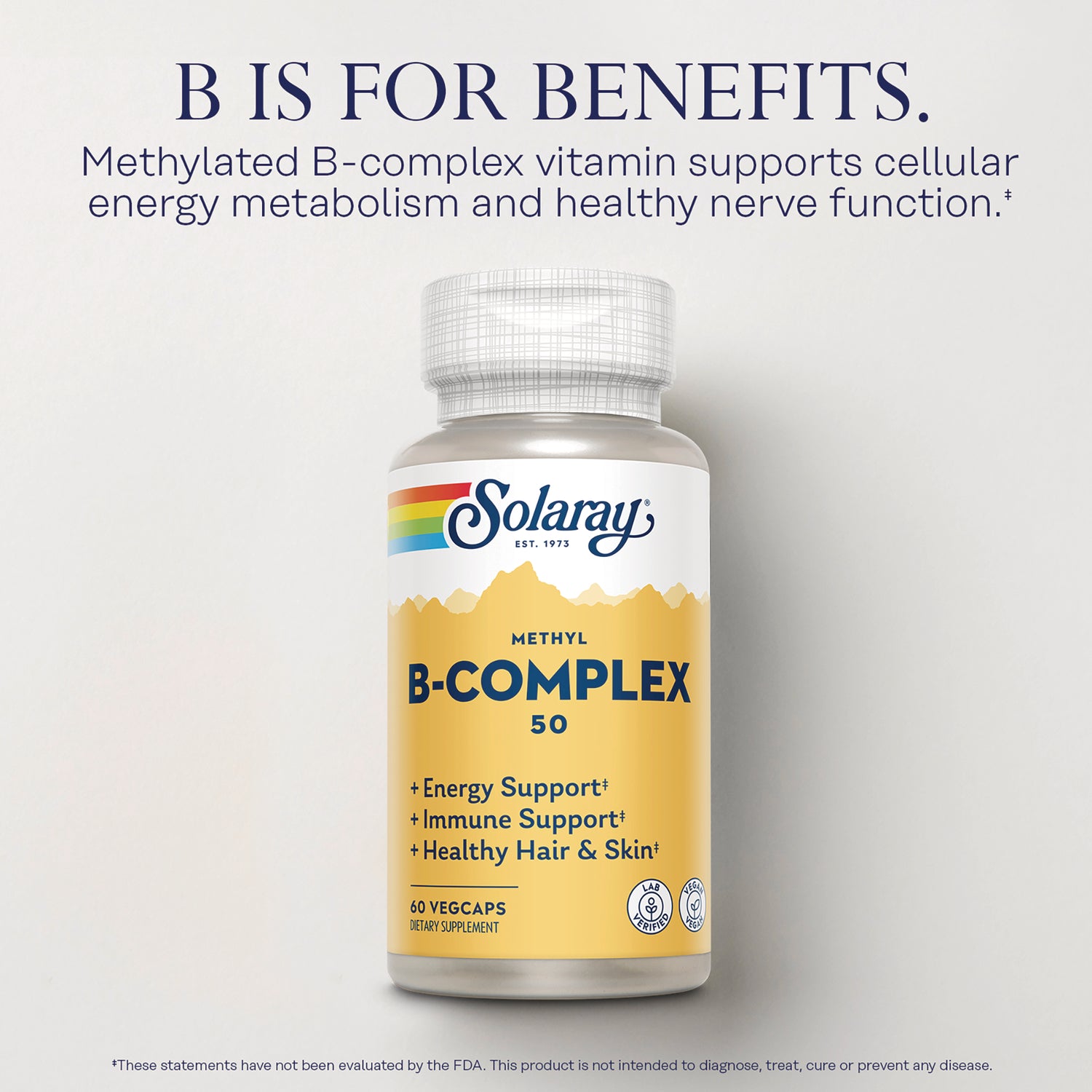 SLR548 | Solaray Methyl B-Complex 50 bottle front with label listing Energy Support, Immune Support, Healthy Hair & Skin