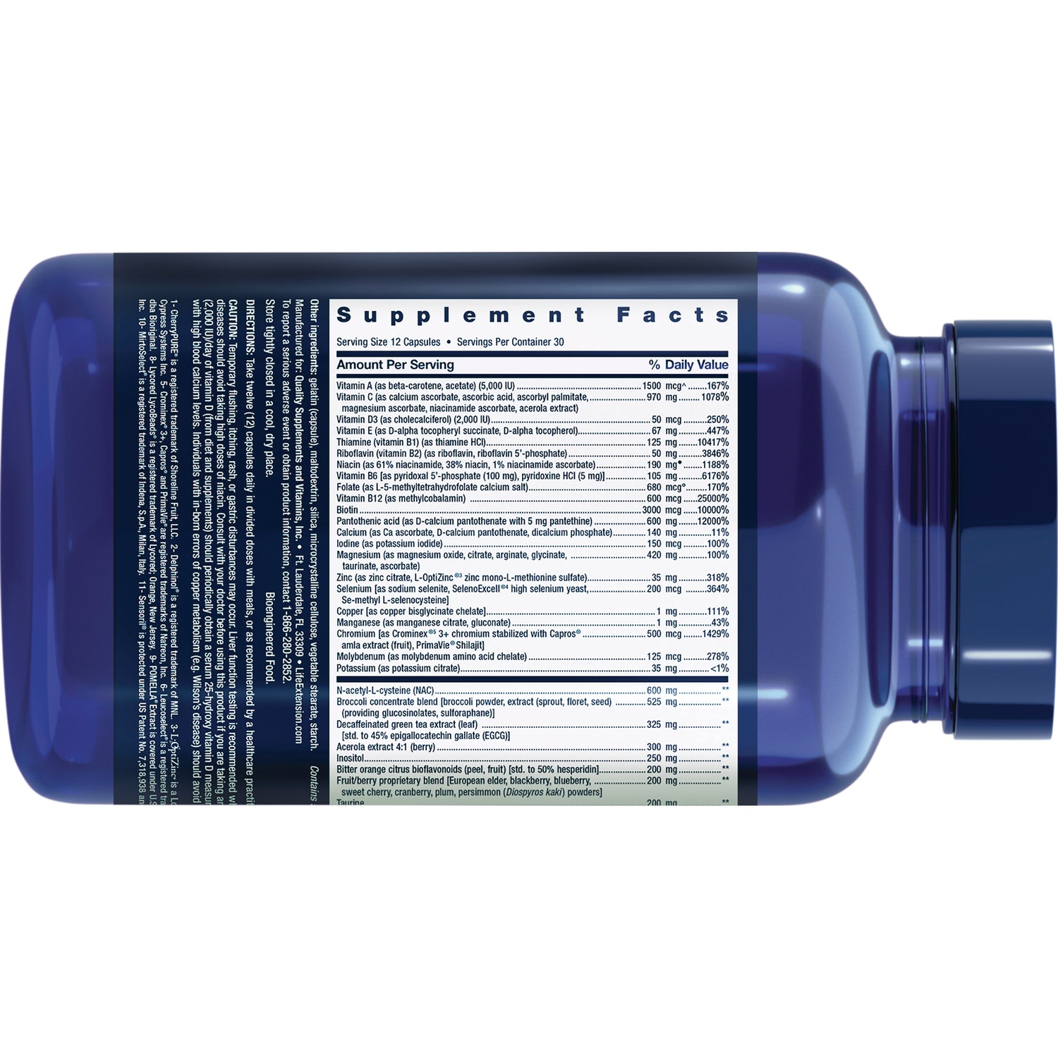LE561 | Supplement Facts label and ingredient panel on back of blue pill bottle