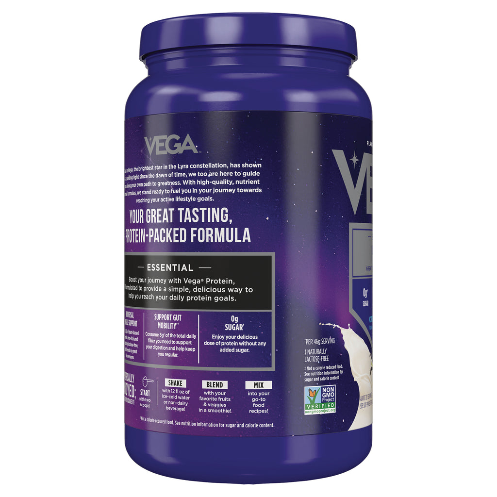 VGA001 | Vega protein powder container, back label with Your Great Tasting, Protein-Packed Formula and 0g sugar - Thumbnail