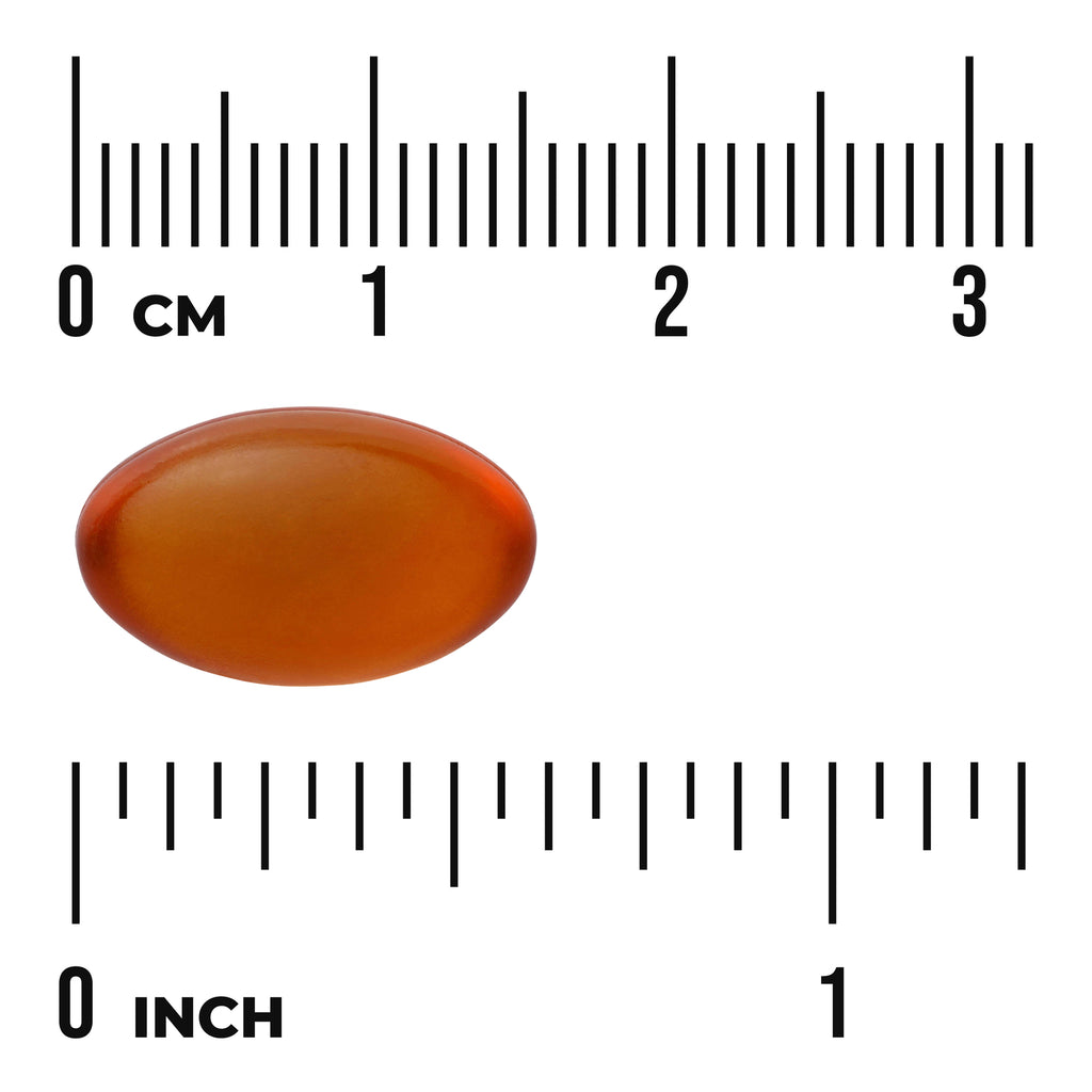 SW1703 | Amber oval softgel shown with centimeter and inch rulers for size - Thumbnail