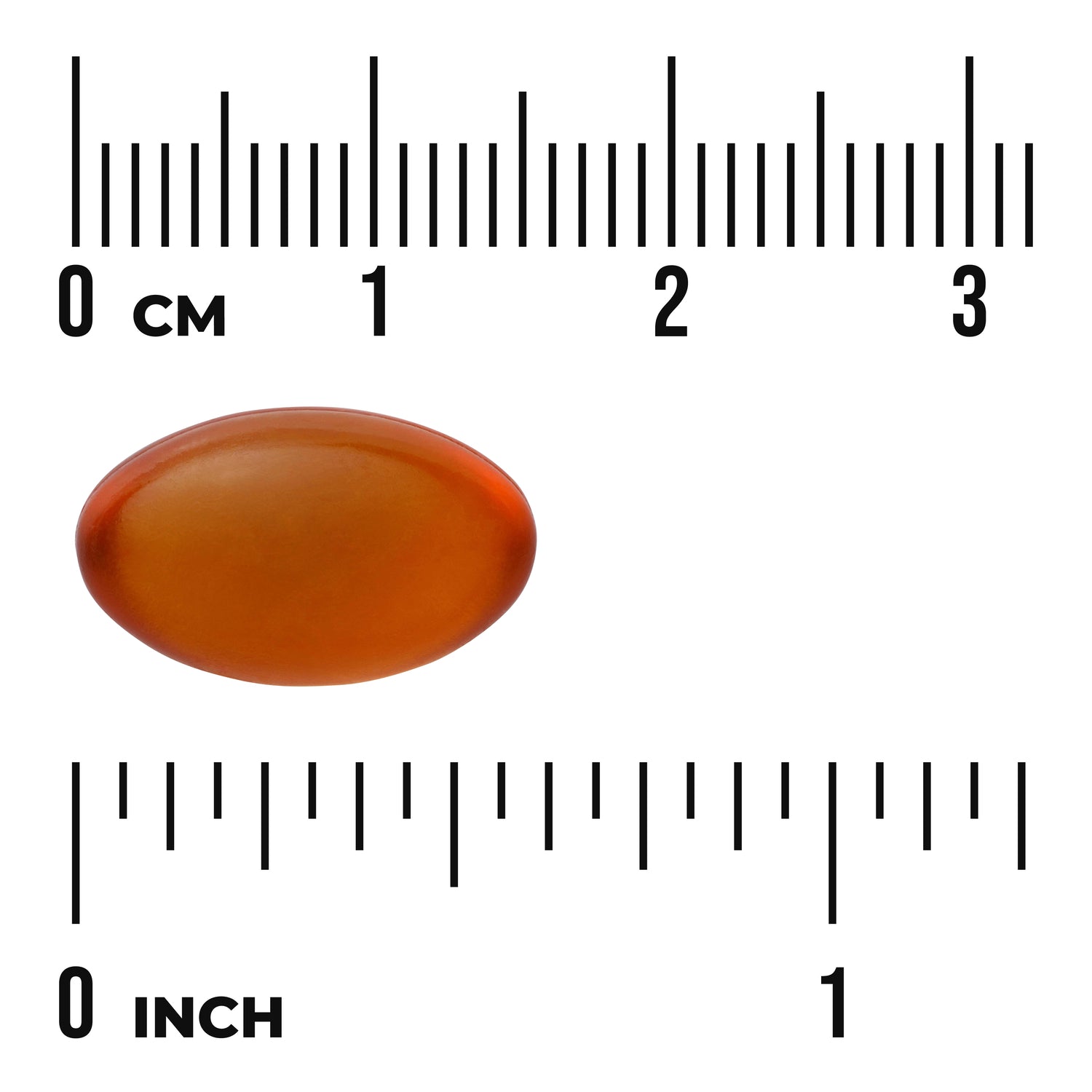 SW1703 | Amber oval softgel shown with centimeter and inch rulers for size