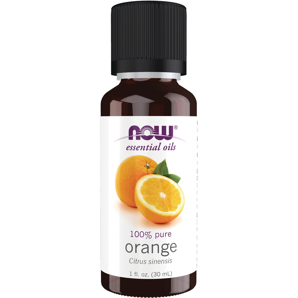 NWF140 | NOW essential oils 1 fl oz amber bottle labeled 100% pure orange (Citrus sinensis) with sliced orange artwork - Thumbnail