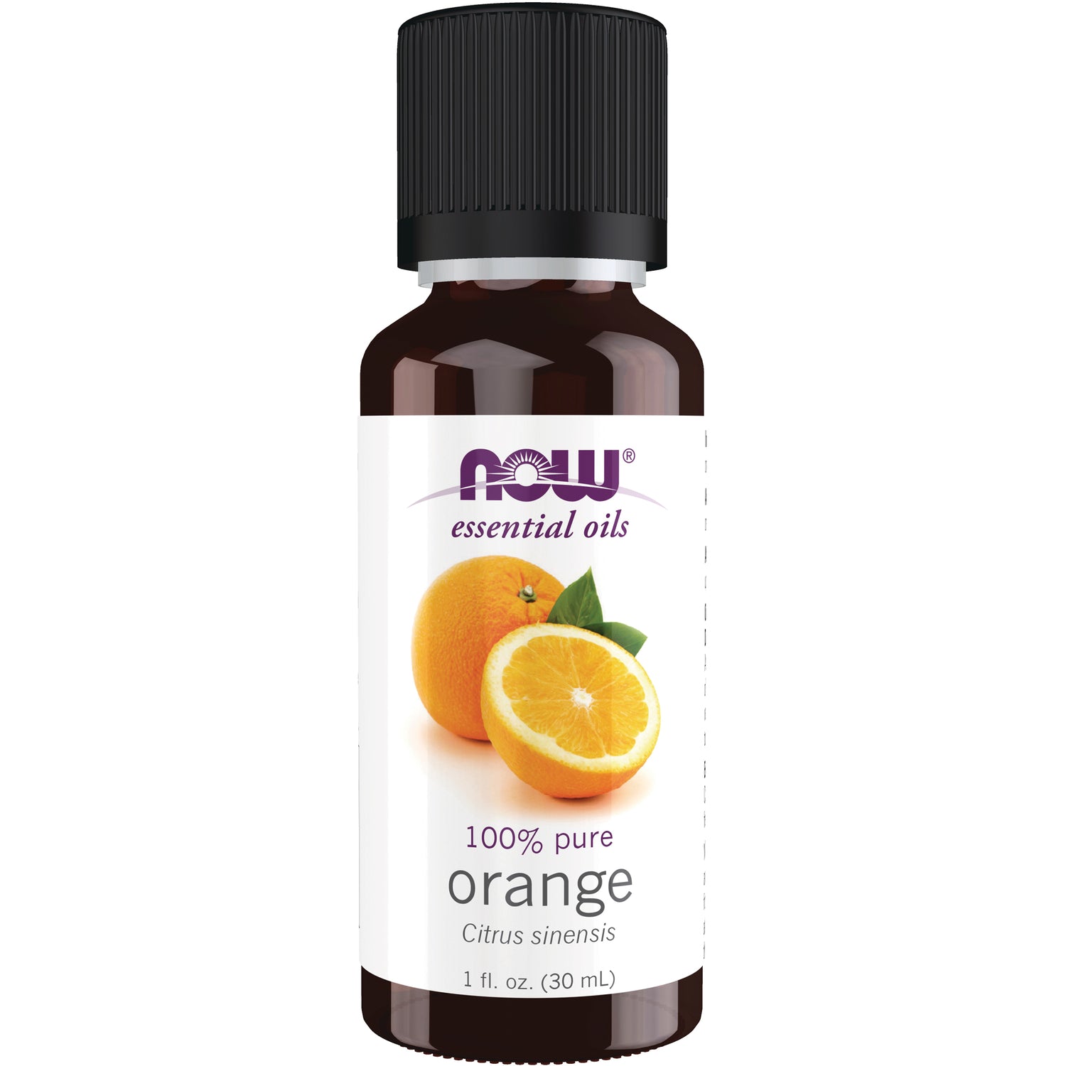 NWF140 | NOW essential oils 1 fl oz amber bottle labeled 100% pure orange (Citrus sinensis) with sliced orange artwork