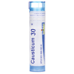 BRN113 | Tall white tube with blue cap labeled Causticum 30 homeopathic pellets