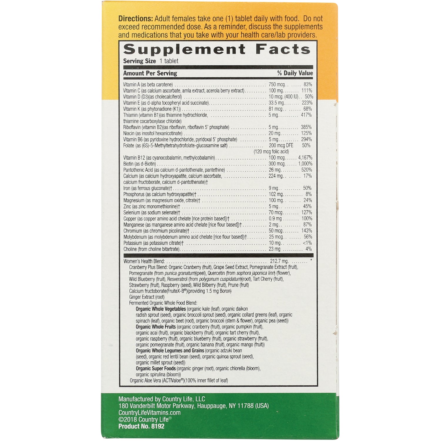 CRL528 | back panel showing Supplement Facts table, directions for adult females, ingredient list and manufacturer info