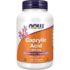 NWF532 | NOW Caprylic Acid 600 mg white bottle with orange label, 100 softgels