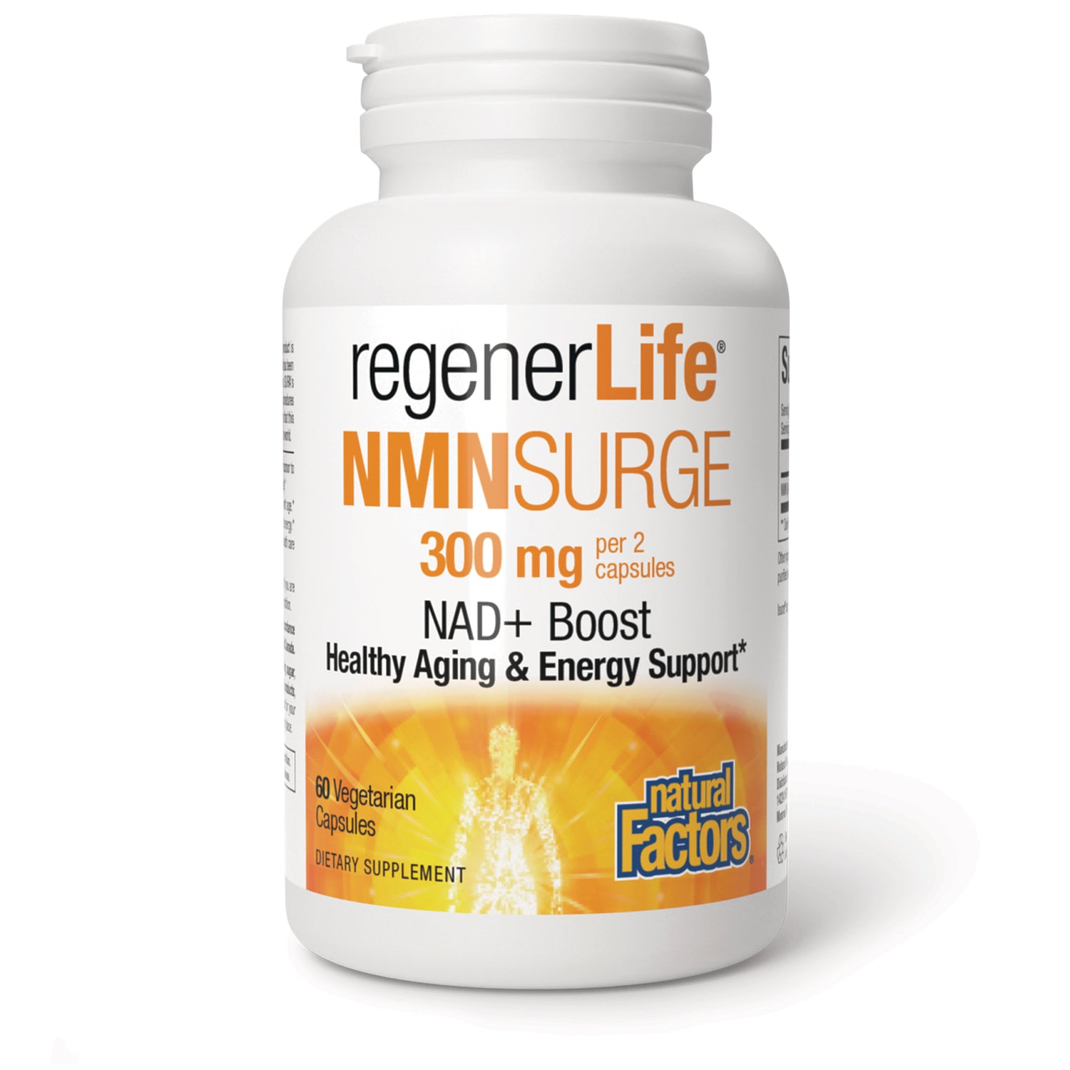 NFC219 | white supplement bottle labeled regenerLife NMN SURGE 300 mg NAD+ Boost Healthy Aging & Energy Support